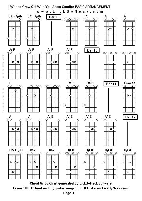 Chord Grids Chart of chord melody fingerstyle guitar song-I Wanna Grow Old With You-Adam Sandler-BASIC ARRANGEMENT,generated by LickByNeck software.